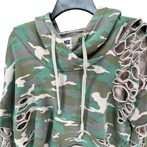 NSF Hoodie Womens M Green Camo Distressed Holes Cropped Sweatshirt USA Grunge - Picture 3 of 14